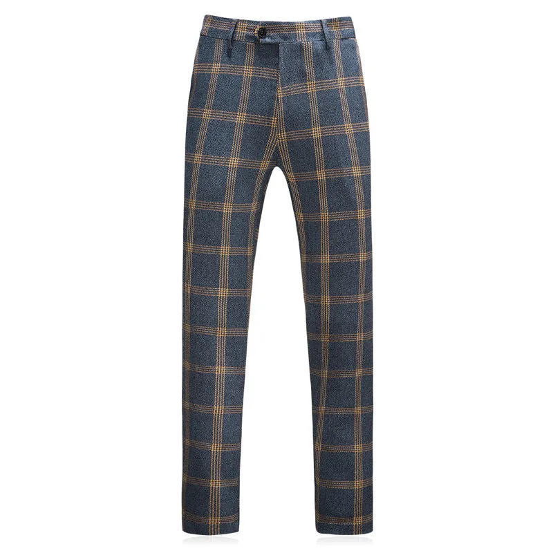 Men's yellow check three-piece business wedding suit set with vest, trousers, and coat