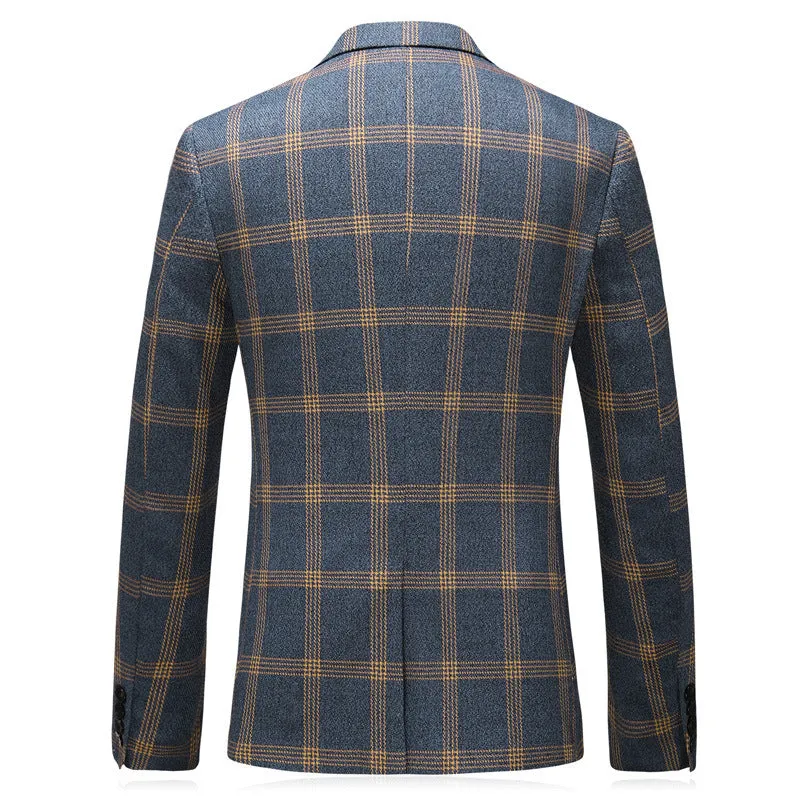 Men's yellow check three-piece business wedding suit set with vest, trousers, and coat