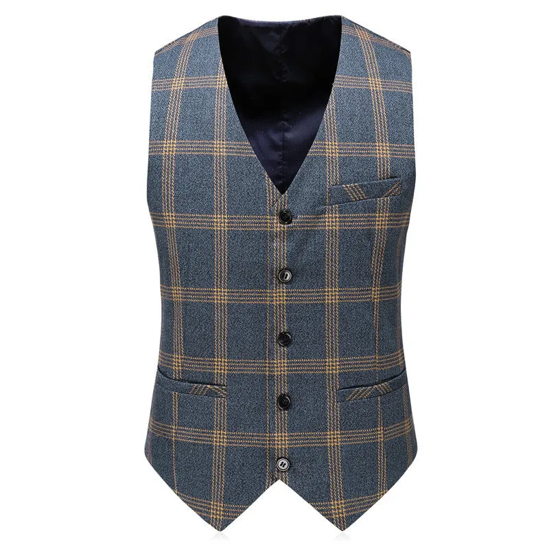 Men's yellow check three-piece business wedding suit set with vest, trousers, and coat