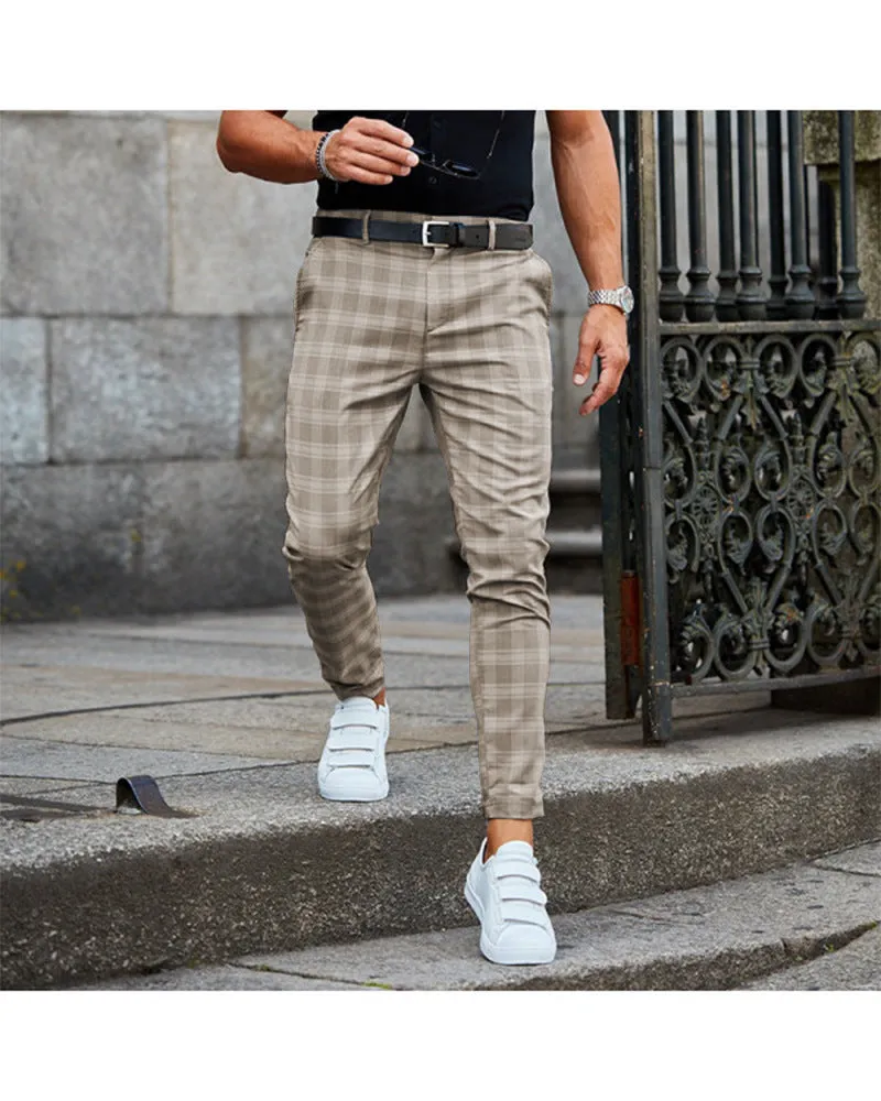 Men's loose thin casual trousers in khaki grid pattern, chemical fibre blend, mid-waist button placket