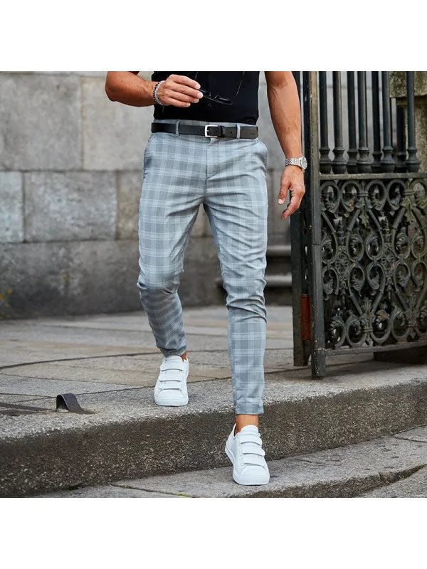 Men's loose thin casual trousers in khaki grid pattern, chemical fibre blend, mid-waist button placket