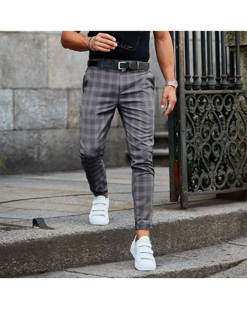 Men's loose thin casual trousers in khaki grid pattern, chemical fibre blend, mid-waist button placket