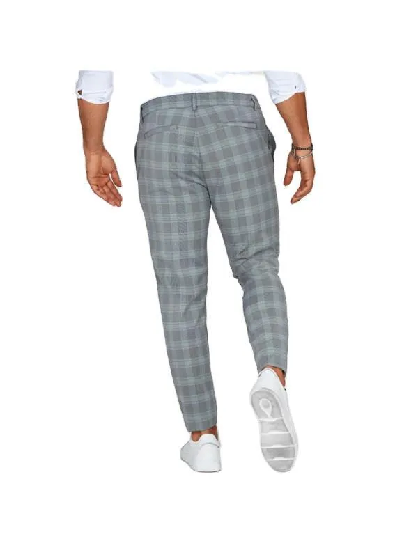 Men's loose thin casual trousers in khaki grid pattern, chemical fibre blend, mid-waist button placket