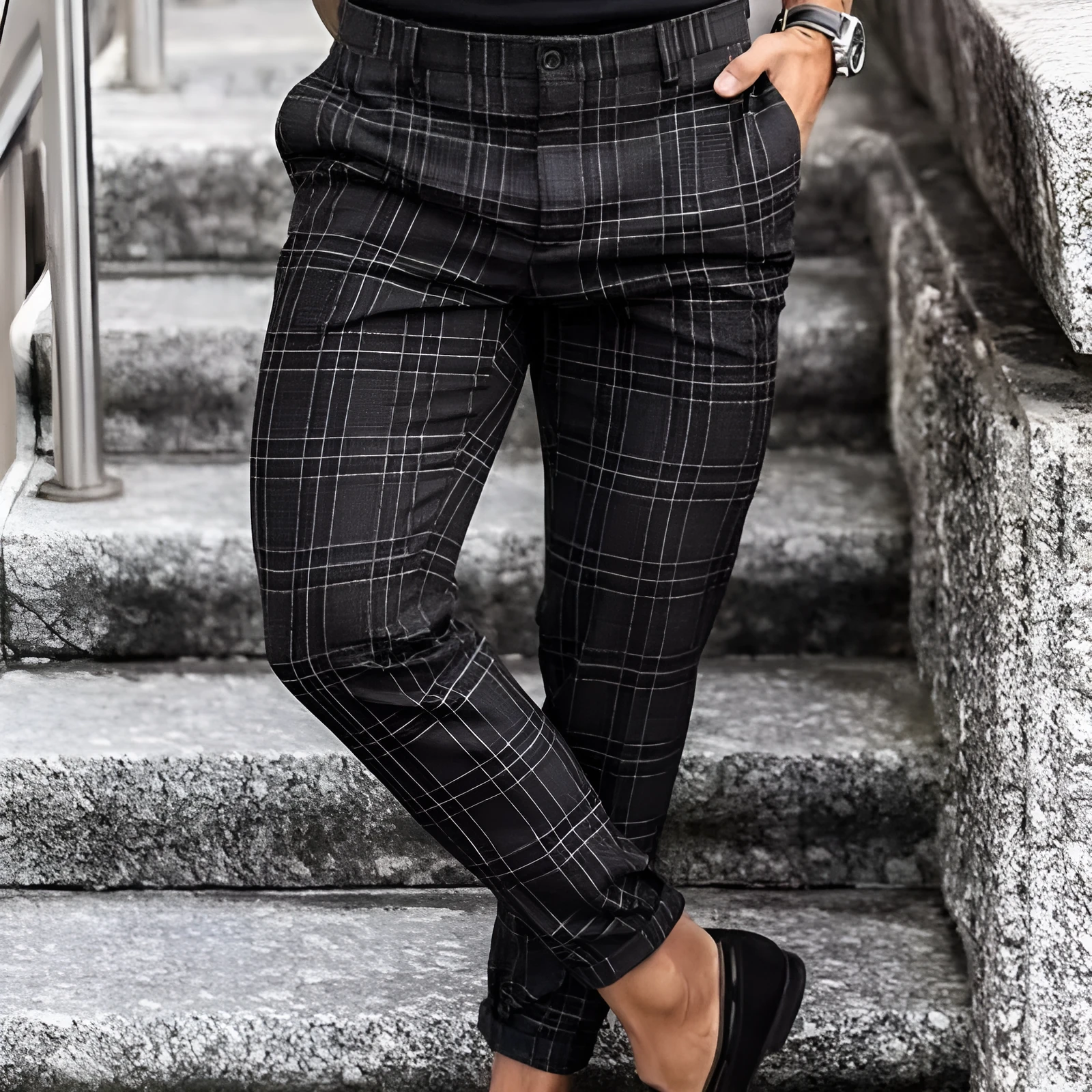 Men's loose thin casual trousers in khaki grid pattern, chemical fibre blend, mid-waist button placket