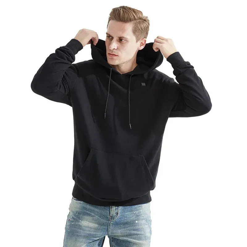 Black USB heated fleece jacket for men and women with three heat levels and carbon fibre elements on a white background