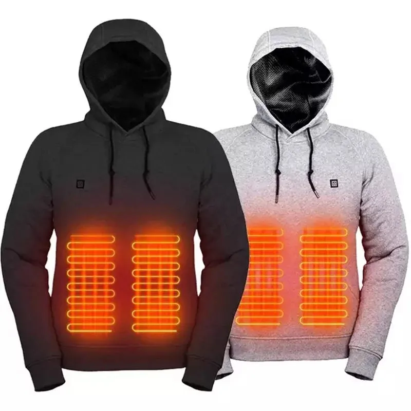 Black USB heated fleece jacket for men and women with three heat levels and carbon fibre elements on a white background