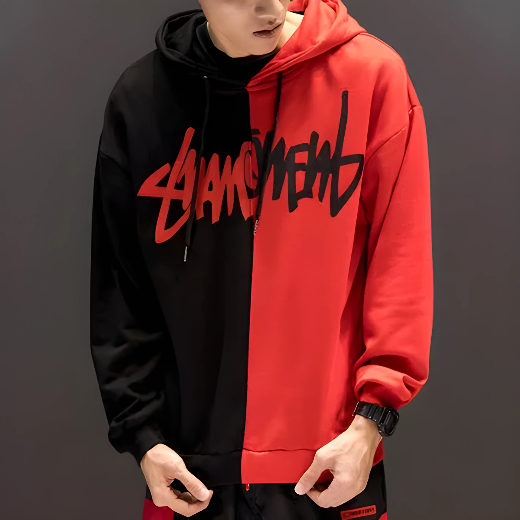 Women's loose-fit polyester hoodie with letter print and hooded collar in gules colour