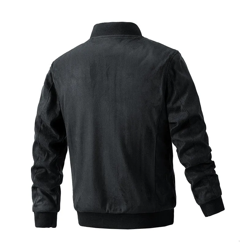 Men's suede stand collar jacket in khaki with double zipper pockets, regular fit, casual autumn coat