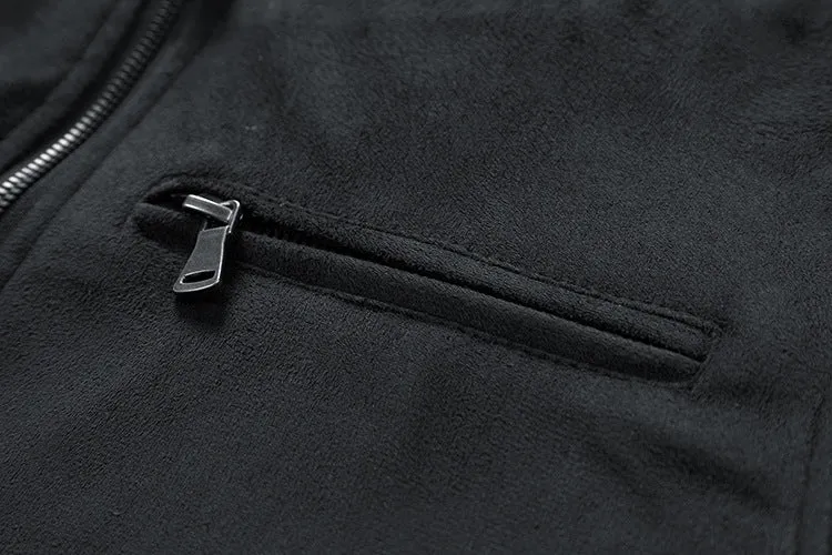 Men's suede stand collar jacket in khaki with double zipper pockets, regular fit, casual autumn coat
