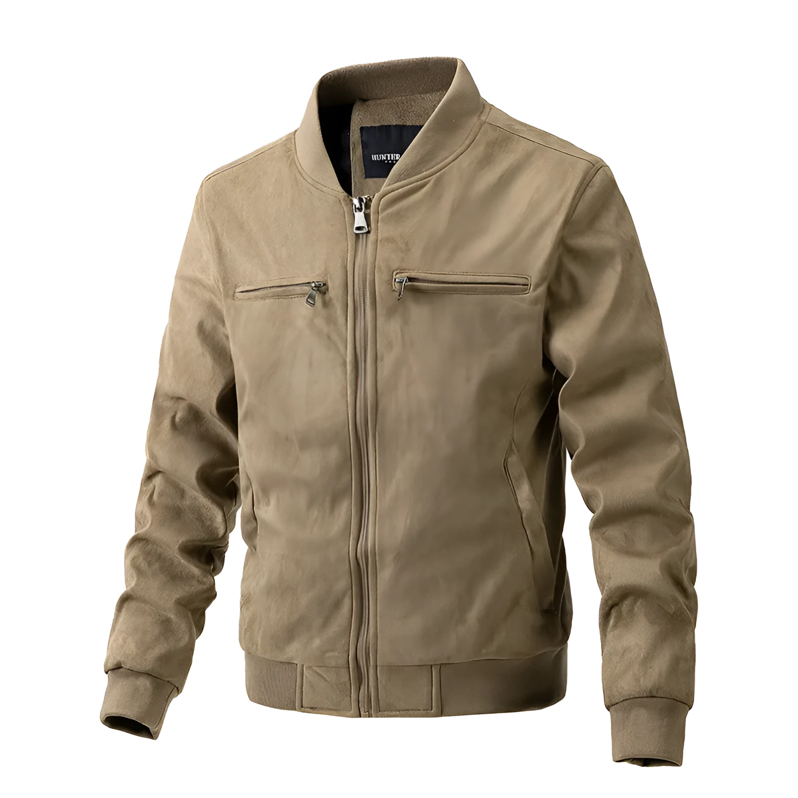Men's suede stand collar jacket in khaki with double zipper pockets, regular fit, casual autumn coat