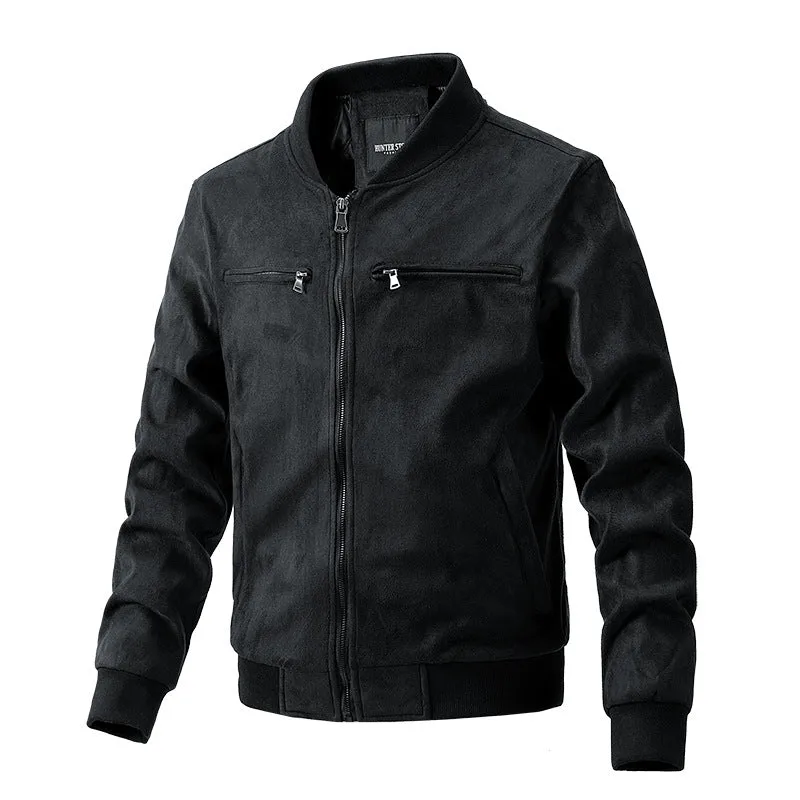 Men's suede stand collar jacket in khaki with double zipper pockets, regular fit, casual autumn coat