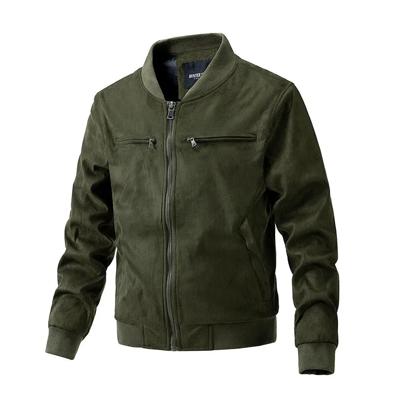 Men's suede stand collar jacket in khaki with double zipper pockets, regular fit, casual autumn coat