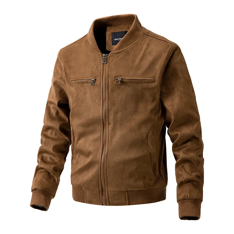 Men's suede stand collar jacket in khaki with double zipper pockets, regular fit, casual autumn coat