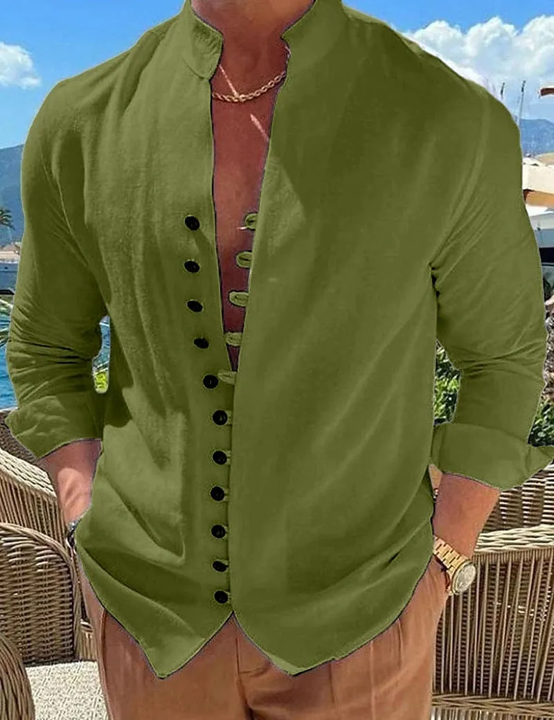 Men's casual long-sleeved loose shirt with retro buttons and standing collar in colour options