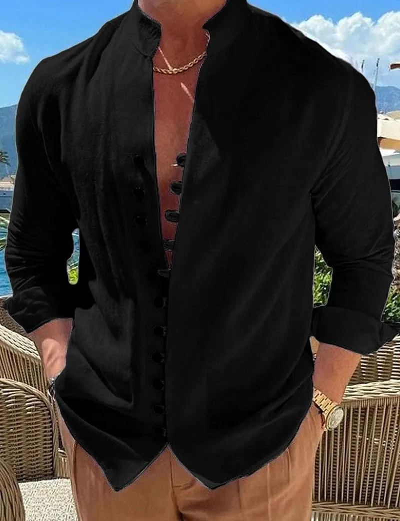 Men's casual long-sleeved loose shirt with retro buttons and standing collar in colour options