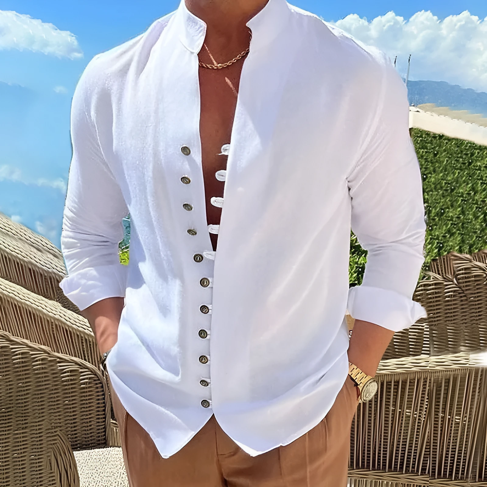 Men's casual long-sleeved loose shirt with retro buttons and standing collar in colour options
