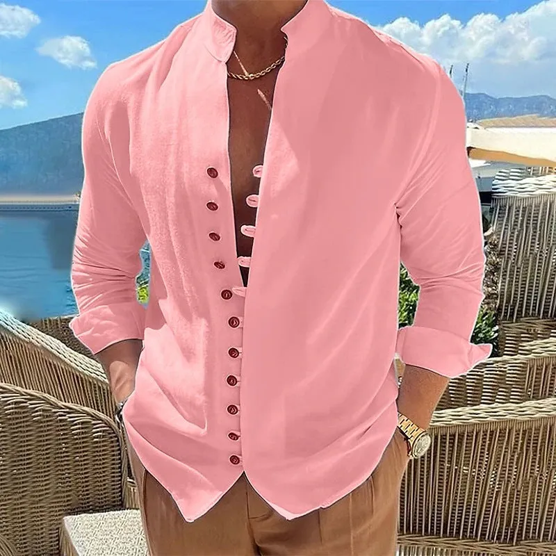 Men's casual long-sleeved loose shirt with retro buttons and standing collar in colour options