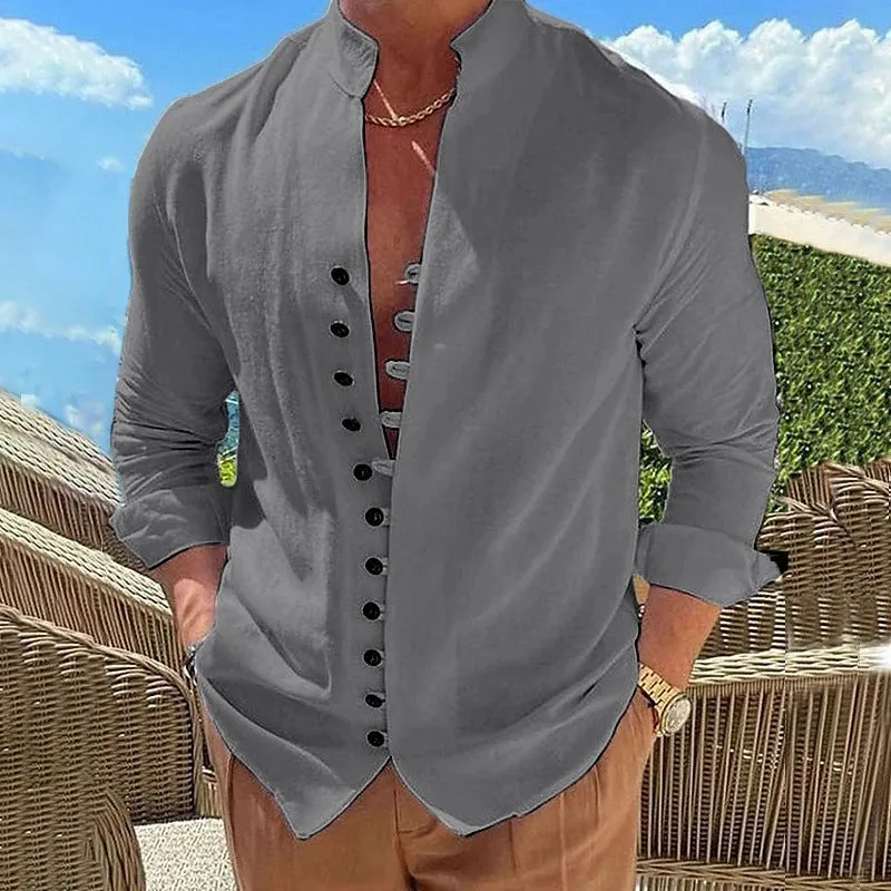 Men's casual long-sleeved loose shirt with retro buttons and standing collar in colour options