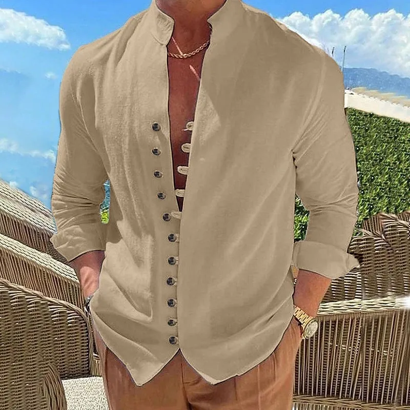 Men's casual long-sleeved loose shirt with retro buttons and standing collar in colour options