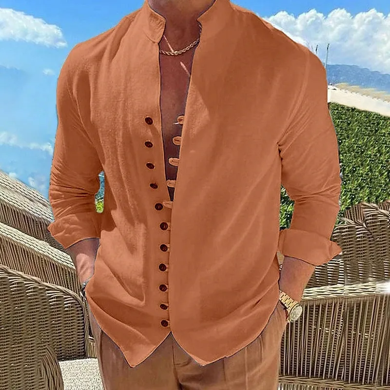 Men's casual long-sleeved loose shirt with retro buttons and standing collar in colour options