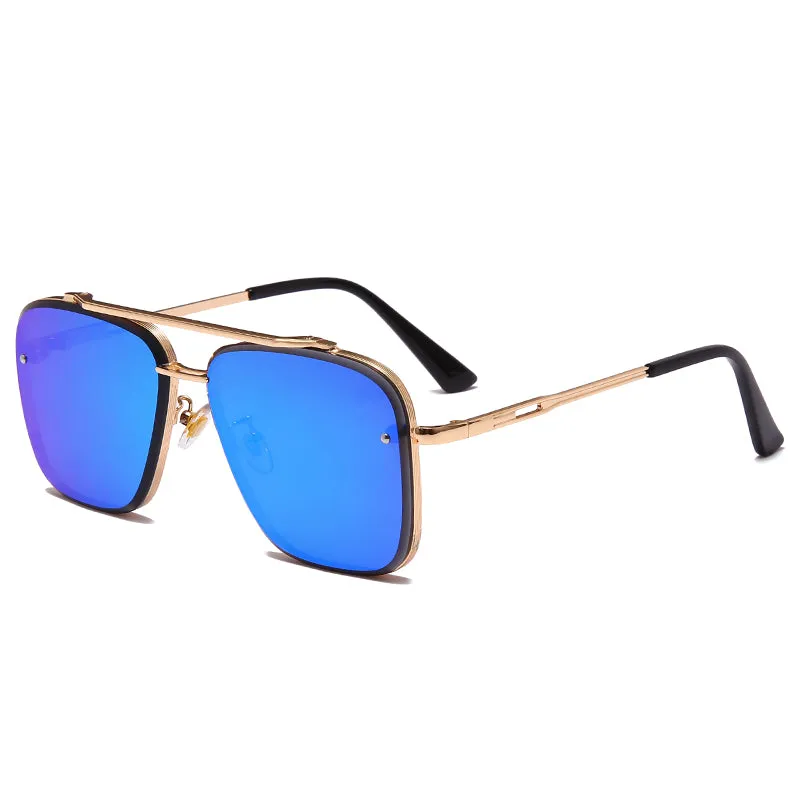 Metal vintage sunglasses with UV400 PC lenses in a blue film colour option on a white background