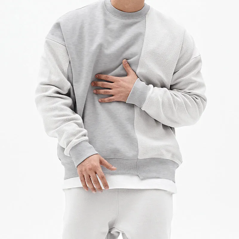 Men's loose fit pullover round neck sweater in khaki cotton blend long sleeve plain pattern