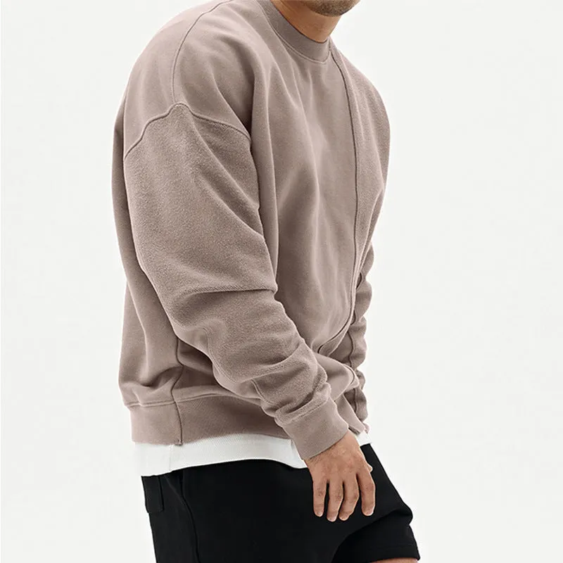 Men's loose fit pullover round neck sweater in khaki cotton blend long sleeve plain pattern