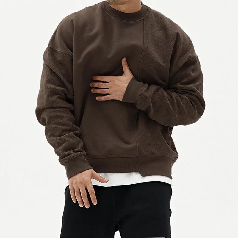 Men's loose fit pullover round neck sweater in khaki cotton blend long sleeve plain pattern