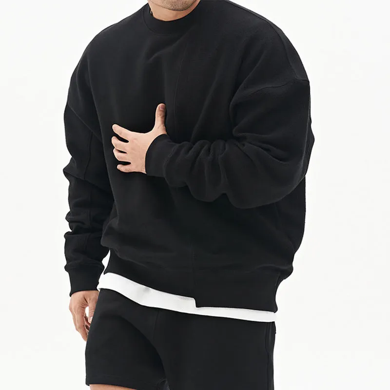Men's loose fit pullover round neck sweater in khaki cotton blend long sleeve plain pattern