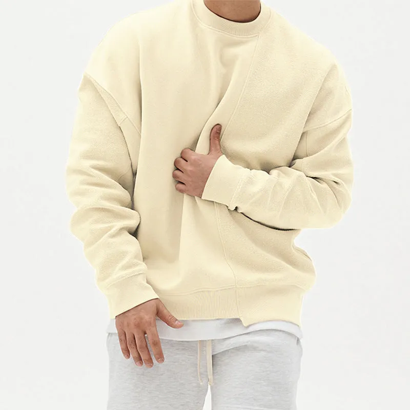 Men's loose fit pullover round neck sweater in khaki cotton blend long sleeve plain pattern