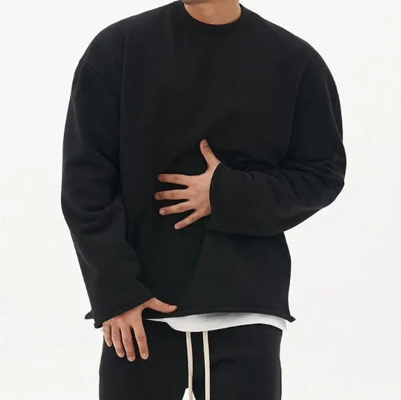 Men's loose fit pullover round neck sweater in khaki cotton blend long sleeve plain pattern