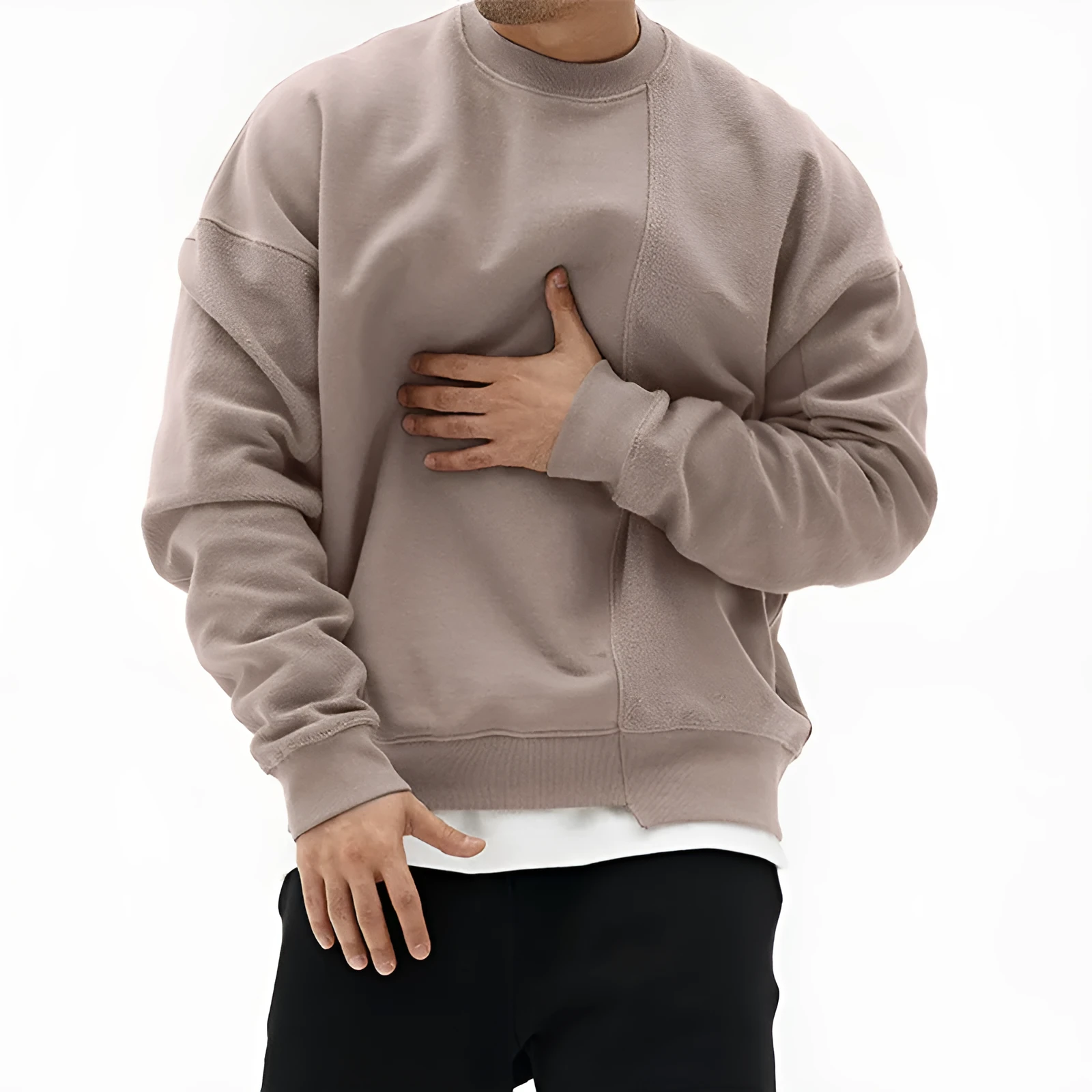 Men's loose fit pullover round neck sweater in khaki cotton blend long sleeve plain pattern