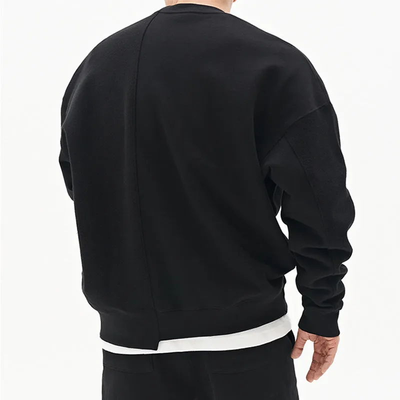 Men's loose fit pullover round neck sweater in khaki cotton blend long sleeve plain pattern