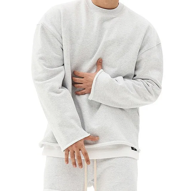 Men's loose fit pullover round neck sweater in khaki cotton blend long sleeve plain pattern