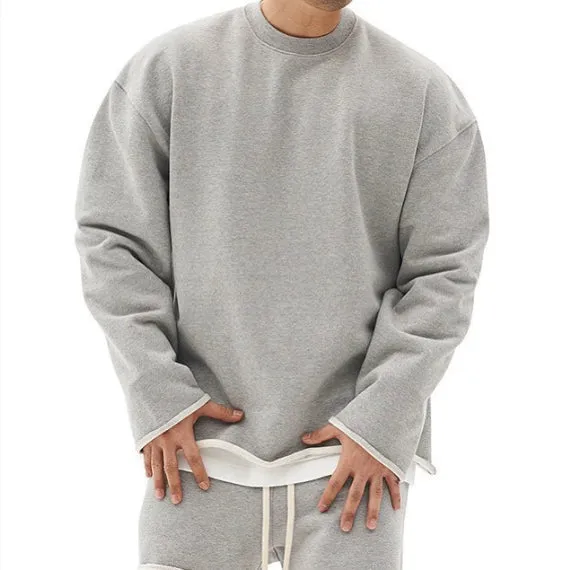 Men's loose fit pullover round neck sweater in khaki cotton blend long sleeve plain pattern