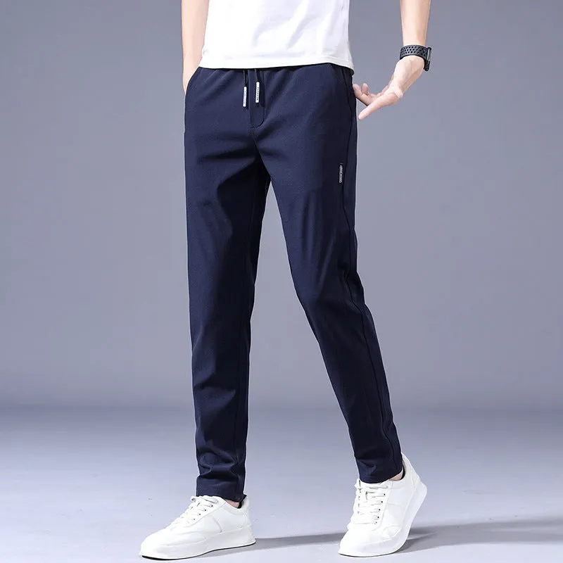 Men's loose straight drawstring sweatpants in khaki, summer casual thin trousers Korean version