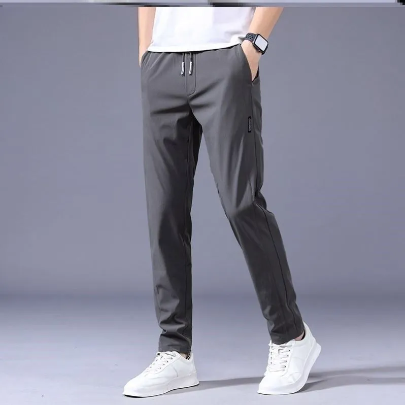 Men's loose straight drawstring sweatpants in khaki, summer casual thin trousers Korean version