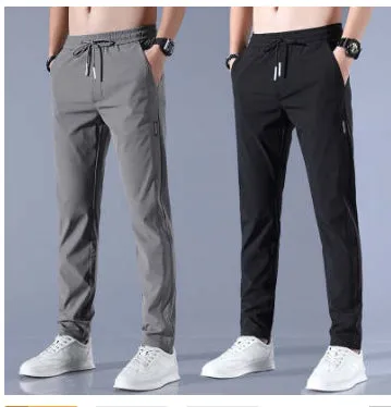 Men's loose straight drawstring sweatpants in khaki, summer casual thin trousers Korean version