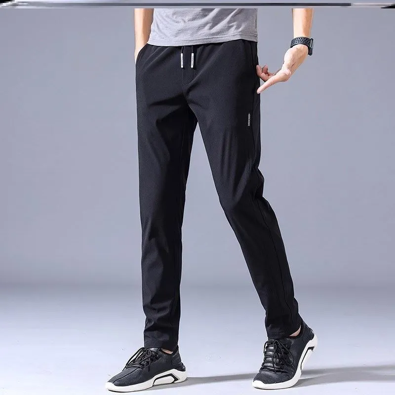Men's loose straight drawstring sweatpants in khaki, summer casual thin trousers Korean version