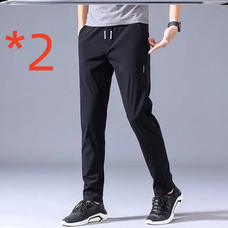 Men's loose straight drawstring sweatpants in khaki, summer casual thin trousers Korean version