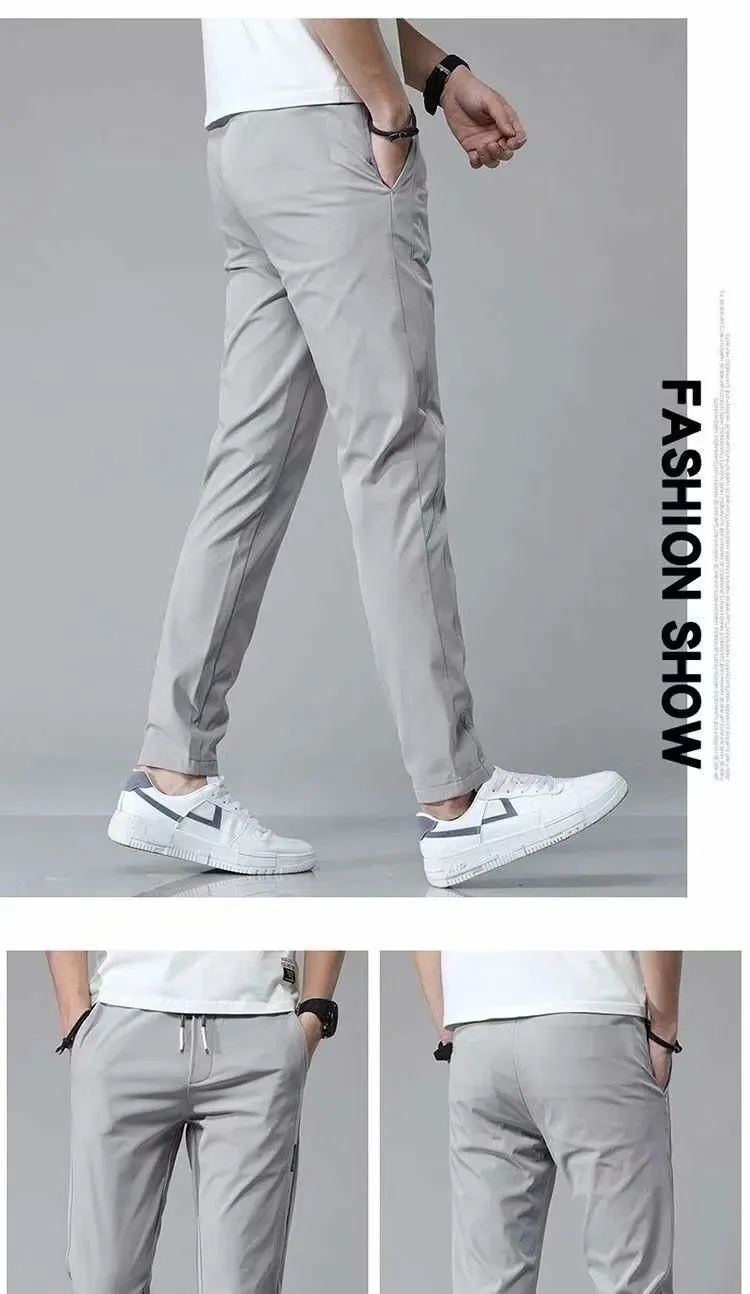 Men's loose straight drawstring sweatpants in khaki, summer casual thin trousers Korean version