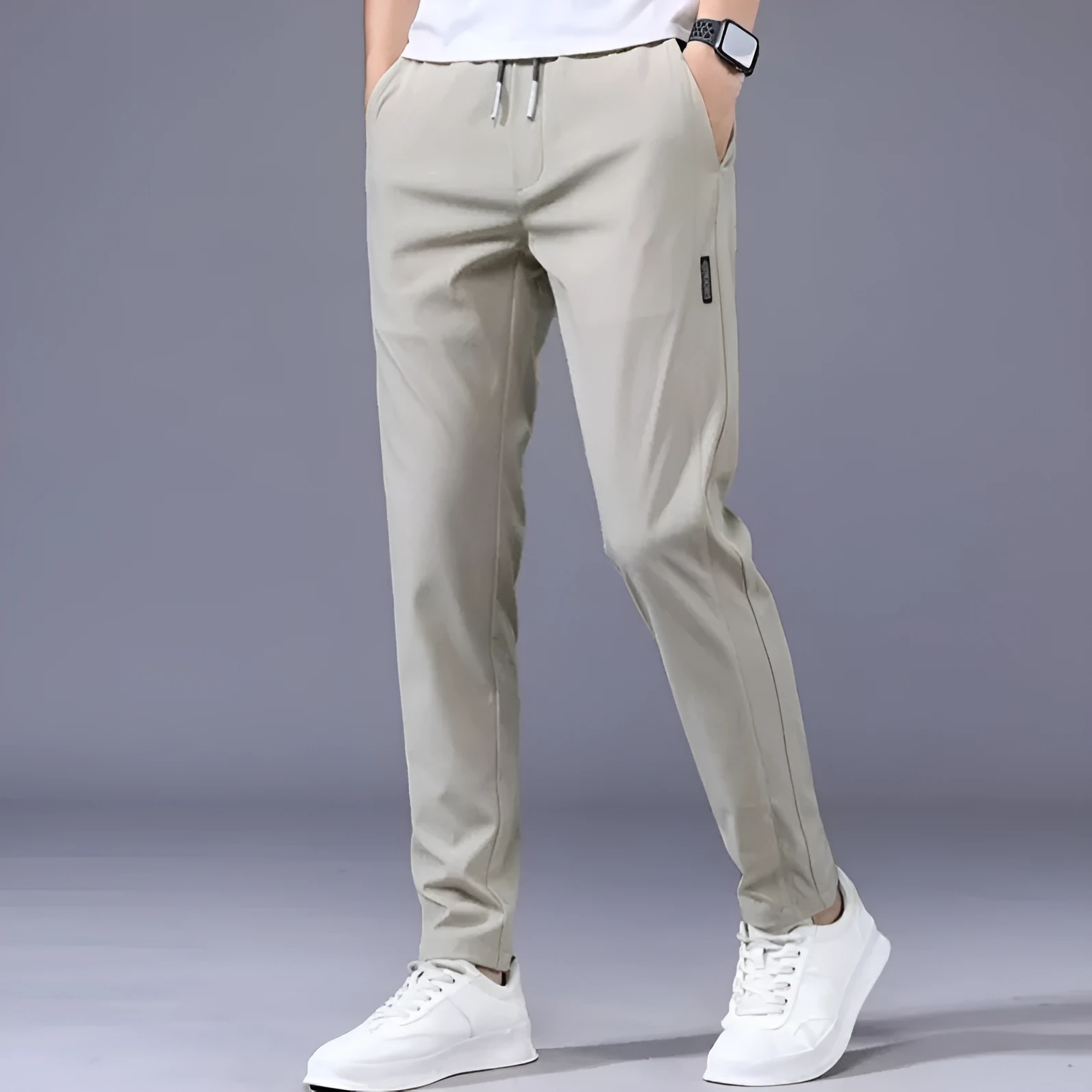 Men's loose straight drawstring sweatpants in khaki, summer casual thin trousers Korean version