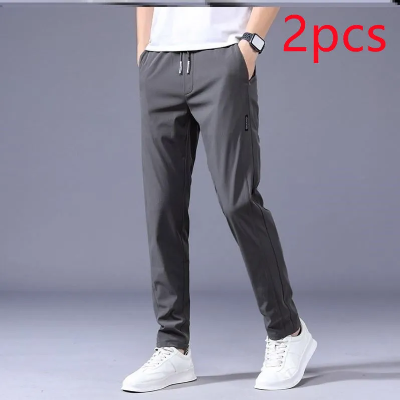 Men's loose straight drawstring sweatpants in khaki, summer casual thin trousers Korean version