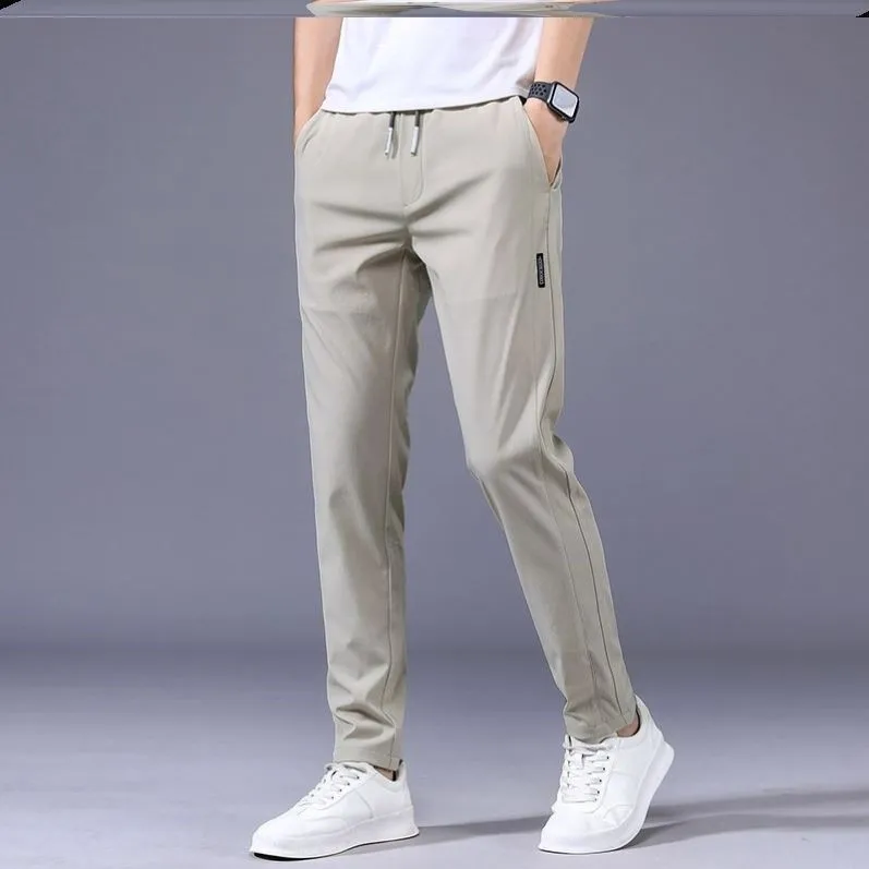Men's loose straight drawstring sweatpants in khaki, summer casual thin trousers Korean version