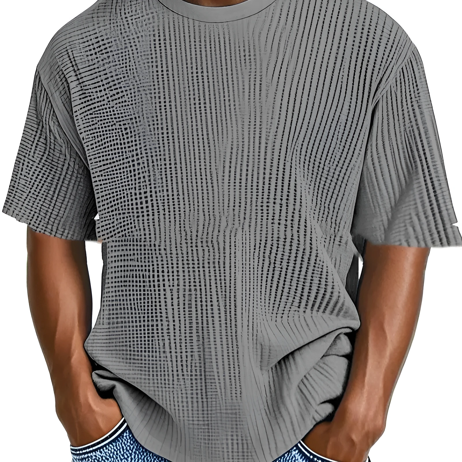 Man wearing a light blue cotton blend waffle knit short sleeve casual T-shirt.