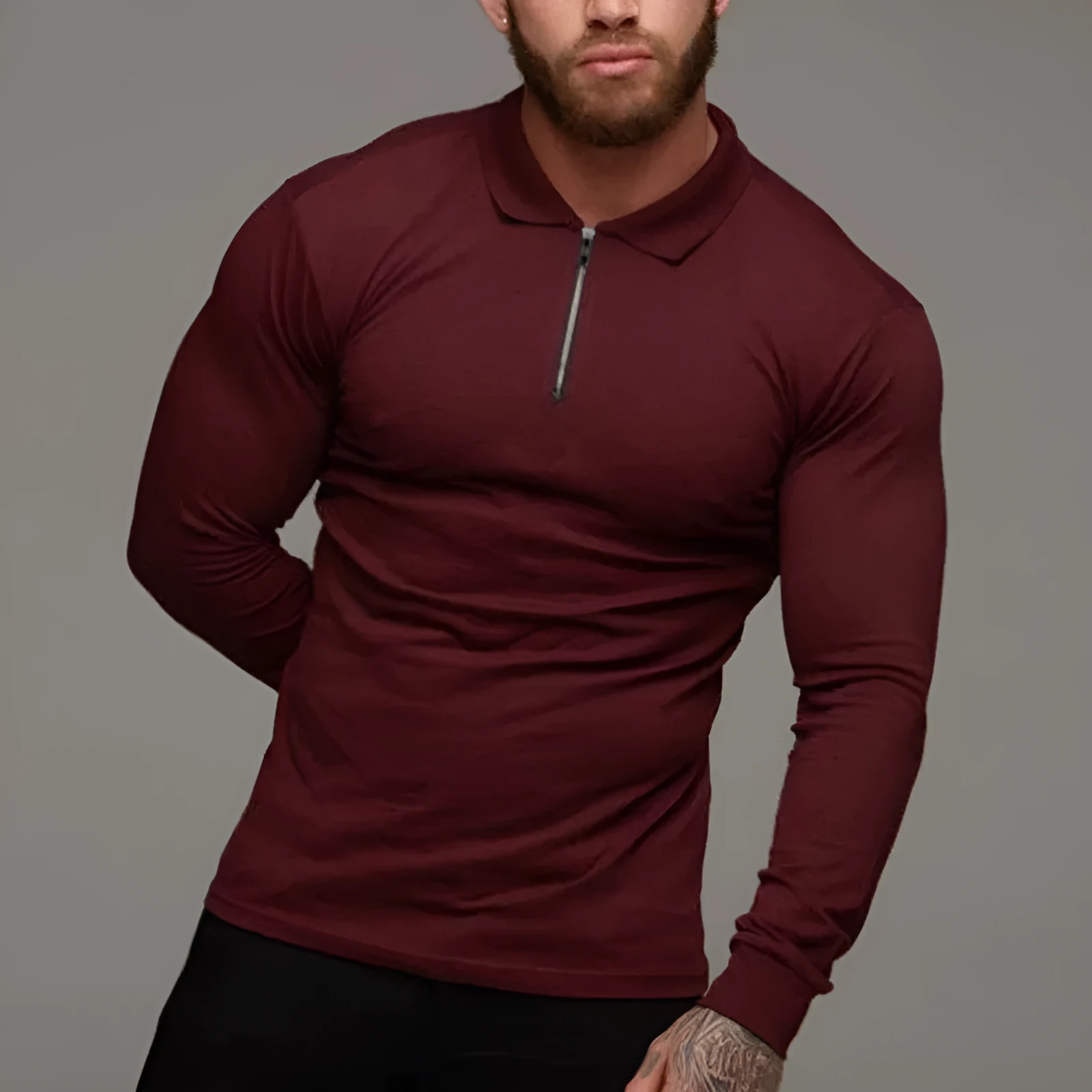 Men's long sleeve slim fit polo shirt with splash ink design in wine red, Lycra fabric
