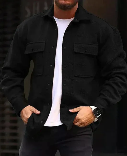 Men's polo collar coat with long sleeves, round hem, in polyester fabric, eight colours available