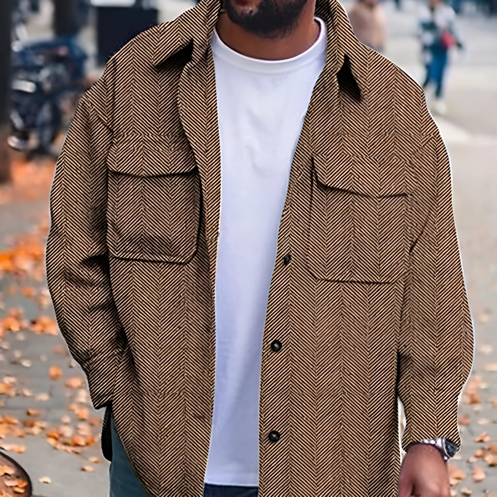 Men's polo collar coat with long sleeves, round hem, in polyester fabric, eight colours available