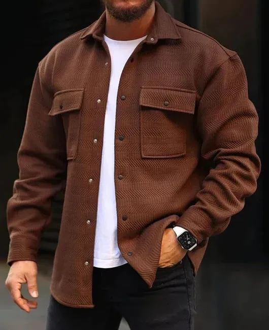 Men's polo collar coat with long sleeves, round hem, in polyester fabric, eight colours available