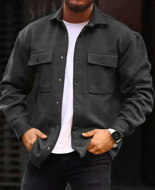 Men's polo collar coat with long sleeves, round hem, in polyester fabric, eight colours available